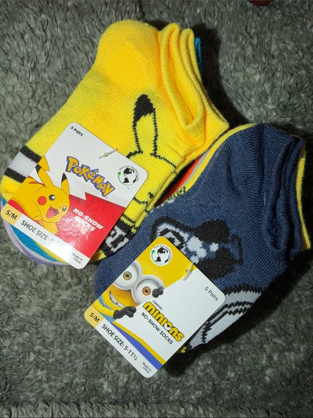 Kids 5 Pikachu & Pokémon Characters No-Show Socks 5 Minions Characters No show